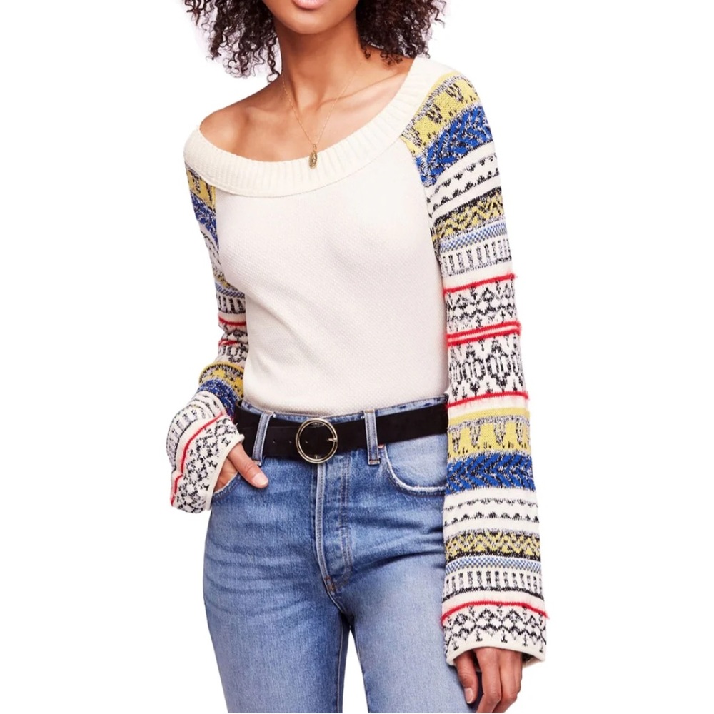 Free People Fairground Thermal Top Shirt Size Large Long Bell Sleeves